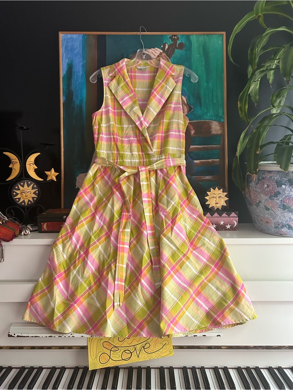 Pure Alfred Sung Plaid Wrap Midi Dress Belted Pink Green Sleeveless Women M